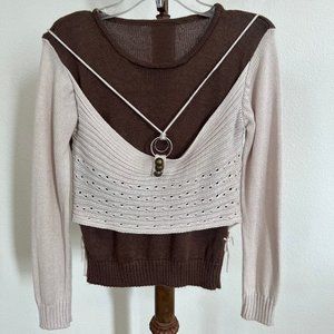 Women Long Sleeve Size S Brown and Ivory Two Tone Ribbed Scoop-neck Knit Sweater